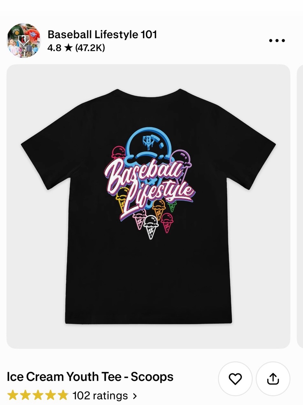Baseball Lifestyle Kids' Black Ice Cream Youth Tee - Scoops